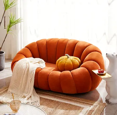 Plush Orange Velvet Two-Seater Sofa / Lounge Couch