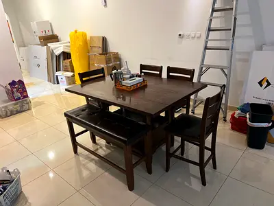 Solid Wood 4-Seater Dining Table with Bench and 4 Chairs - Dark Brown