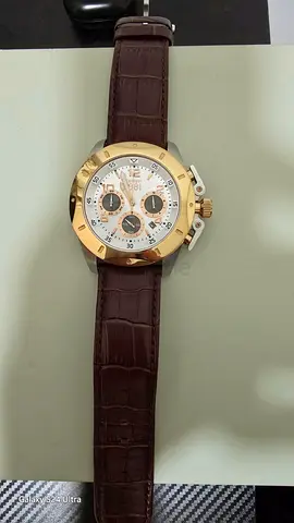 Mens Chronograph Wristwatch with Brown Leather Strap and Gold Bezel