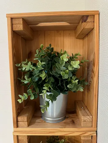 2 Potted artificial plants with pot and wooden crate shelves