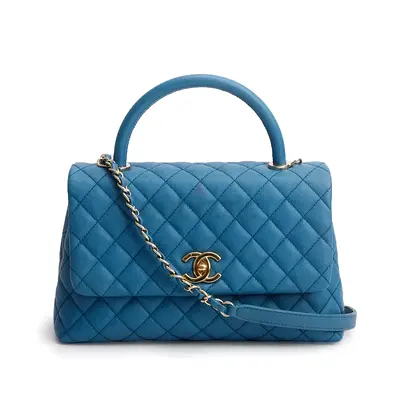 Authentic Chanel Medium Coco Handle Bag – Blue Quilted Caviar Leather