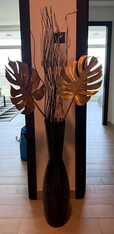 Tall Decorative Floor Vase with Gold Tropical Leaf Stems