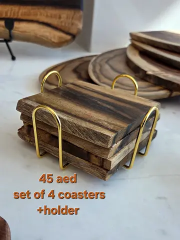 Hand made Set of 4 Wooden Coasters with Gold Holder - Rustic + free delivery