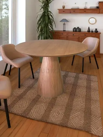 Modern Round Dining Table with Solid Wood Finish and Architectural Base
