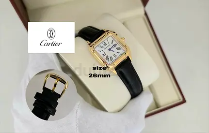 Cartier Santos Dumont 26mm in Gold-tone with Black Leather Strap - Pre-owned