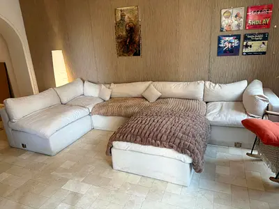 Large Modular Beige Fabric Sectional  Sofa with Ottoman - Good Condition