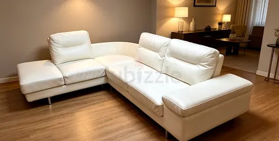 White Leather L-Shaped Corner Sofa - 5 Seater with Chaise
