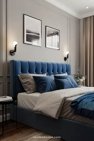 Modern Blue Tufted queen Bed with Headboard