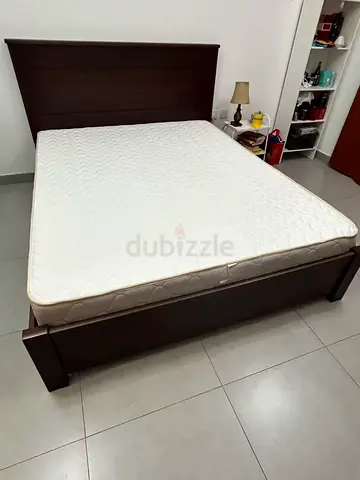 Queen Size Wooden Double Bed Frame with Mattress - Dark Brown, Good Condition 1.6m*2m