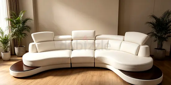 Modern Curved White Leather 4-Seater Sofa with Wooden Accents