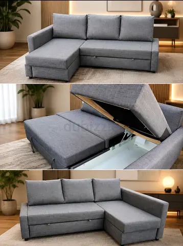 L-shaped Grey Fabric Sofa Bed with Storage — Good Condition