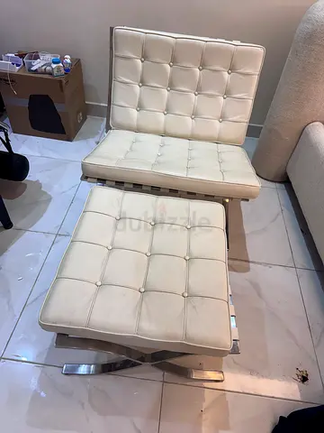 White Leather Barcelona Chair with Ottoman - Good Condition