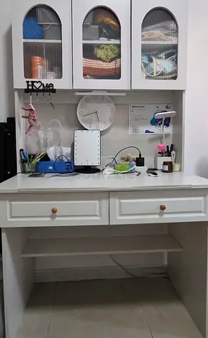 White Wooden Desk with Upper Cabinet and Drawers - Good Condition