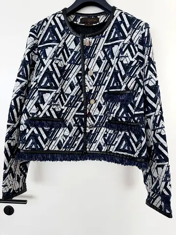 Louis Vuitton Navy  White Geometric Tweed Jacket with leather trim Size 46