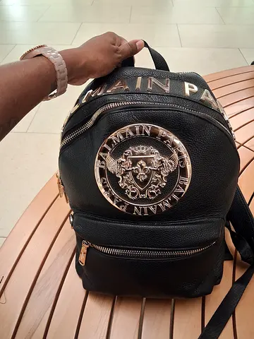 Black Balmain-style Mini Leather Backpack with Gold Trim