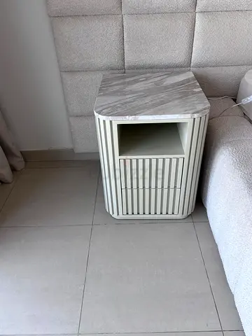 Two Modern bedside nightstands with Carrera marble top