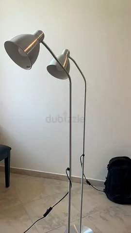 Two Modern  Floor Lamps — Silver Metal, Adjustable Shades