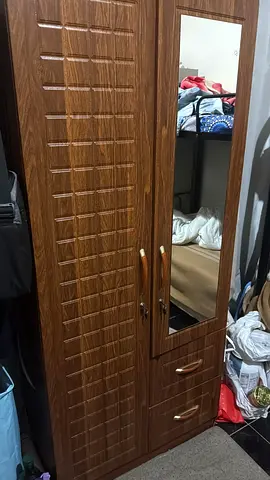 Wood-finish Wardrobe with Mirror and Drawers - Good Condition