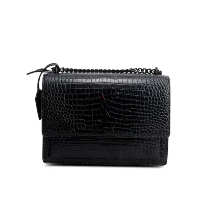 Authentic Saint Laurent Sunset Medium Bag – Black Croc Embossed Leather