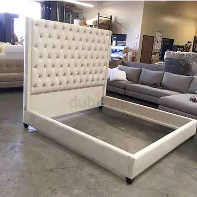 Queen upholstered tufted headboard bed frame - cream velvet