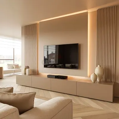 Modern Low TV Console Unit with Integrated Wall Paneling