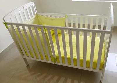 White Wooden Baby Cot / Crib with Full Light Green Bedding Set