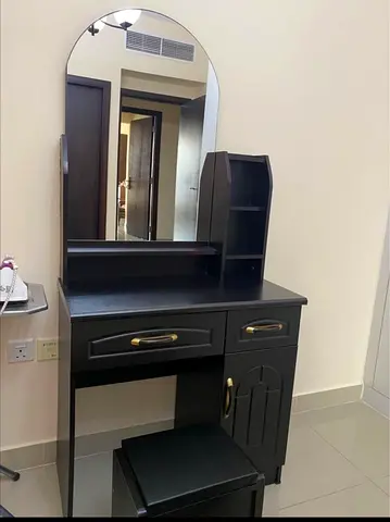 Black Wooden Dressing Table with Mirror and Stool