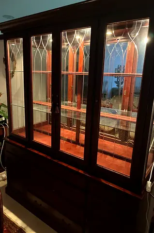 Classic Dark Wood Display Cabinet with Glass Doors and Lighting