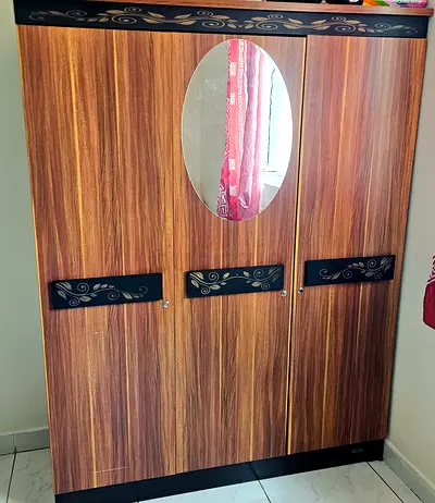 3-Door Wooden Wardrobe with Oval Mirror - Good Condition