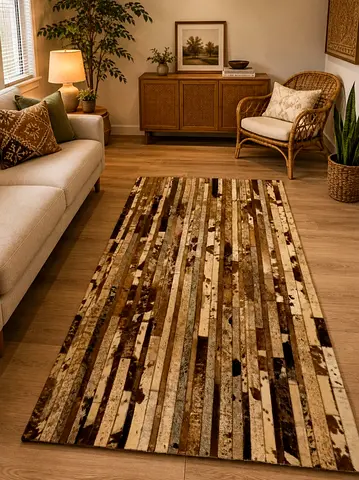 Genuine leather Brown Striped Modern Area Rug – 160x230cm (approx) - Good Condition