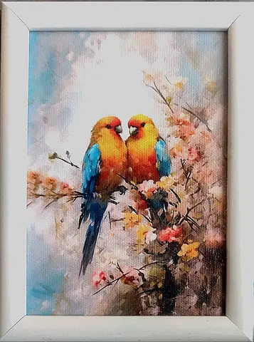 Framed Parrot Artwork - Two Colorful Birds on Branch (Ready to Hang)