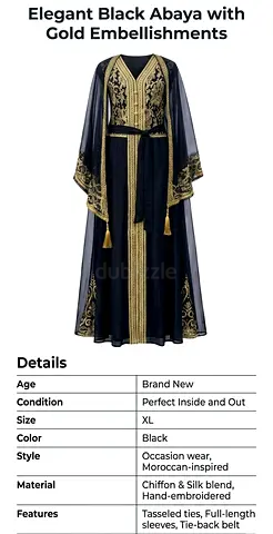 Elegant Black Embroidered Abaya with Gold Embellishments (XL, New)