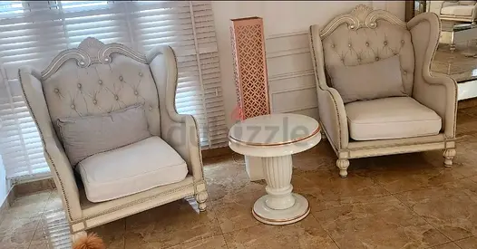 Pair of Classic Tufted Wingback Armchairs with Small Round Accent Table