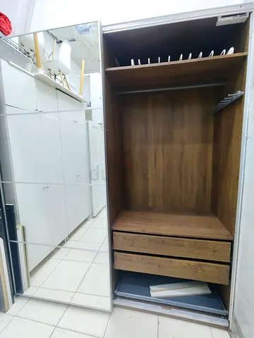 Mirror Sliding Wardrobe with Drawers - Wooden Finish