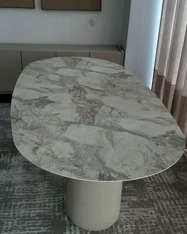 Modern rectangular Table with Faux Marble Top and Fluted Wooden Pedestal