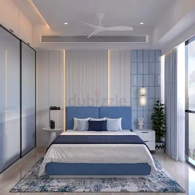 Modern Blue and White Bed Frame with Upholstered Headboard