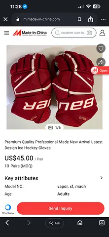 Pair of Bauer Ice Hockey Gloves - Red, Adult Size