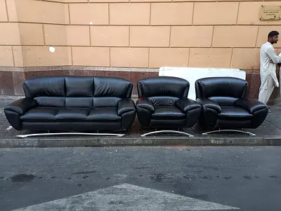 Black Leather 3-Seater Sofa with Two Matching Armchairs - Good Condition