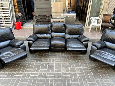 Black Leather 3-Seater Recliner Sofa with 2 Matching Recliner Chairs