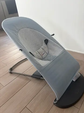 Used Baby Bouncer / Rocker in blue and grey- Comfortable Seat with Harness - 0-7 months