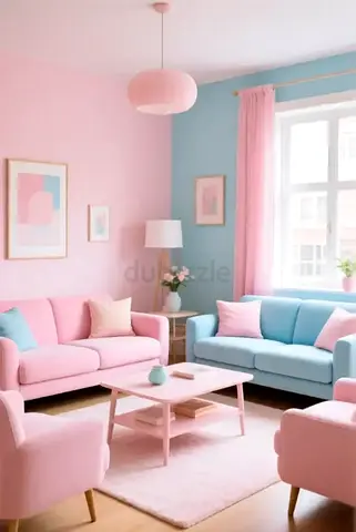 Pastel Pink and Blue Fabric Sofa Set with Matching Armchairs