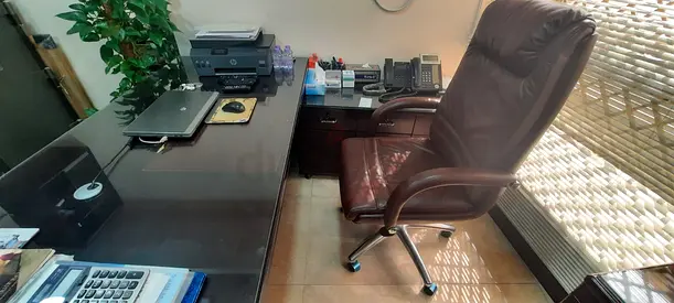 Used Executive Office Desk with Leather Chair and Storage Cabinets