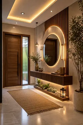 Modern Wooden Console Table with Backlit Round Mirror - Entryway Set