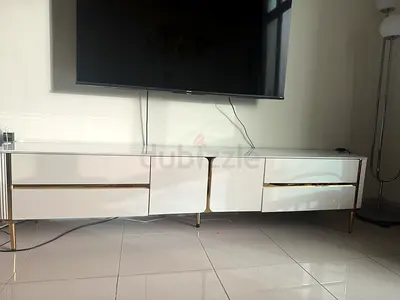 Modern TV Cabinet — Sintered Stone Top, Gold Accents — Like New