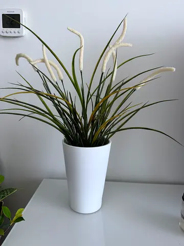 White Minimalist Pot with Tall Faux Grass Plant