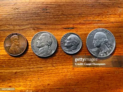 Collection of Vintage US Coins (Wheat Penny, Jefferson Nickel, Roosevelt Dime, Washington Quarter)