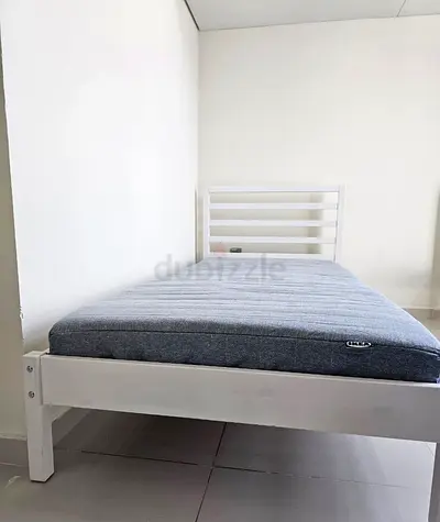 Single wooden bed frame with mattress - white, good condition