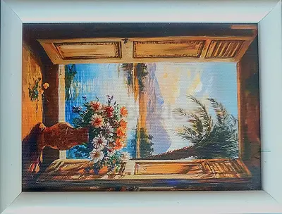 Framed Seascape Window View Oil Painting with Vase of Flowers