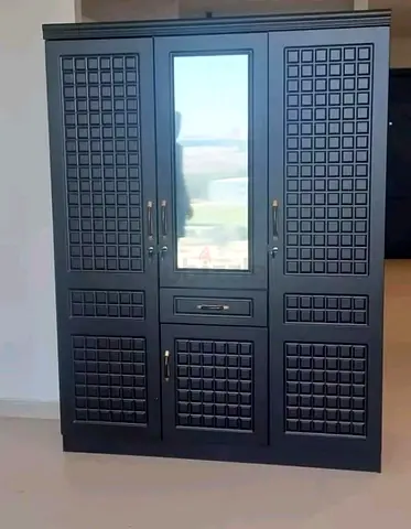 Black Wooden Wardrobe with Center Mirror and Multiple Compartments