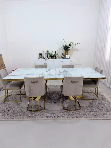 Modern 6-Seater Dining Table – Marble Design Glass Top with Velvet Chairs Gold Accents ✨